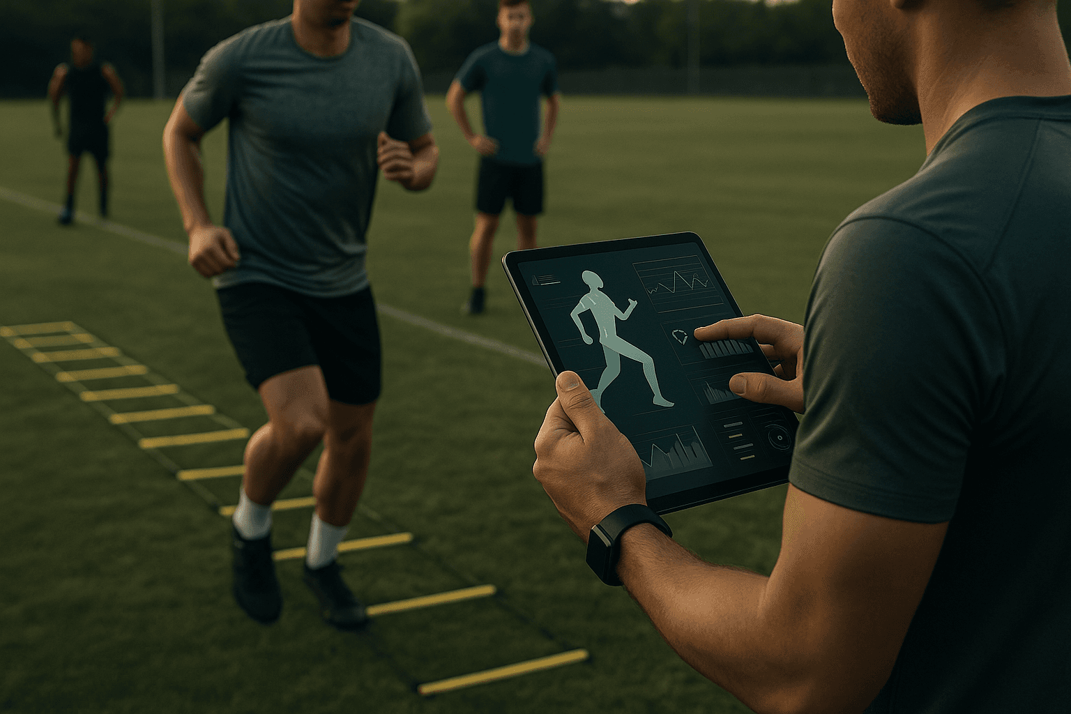 Football players training on field